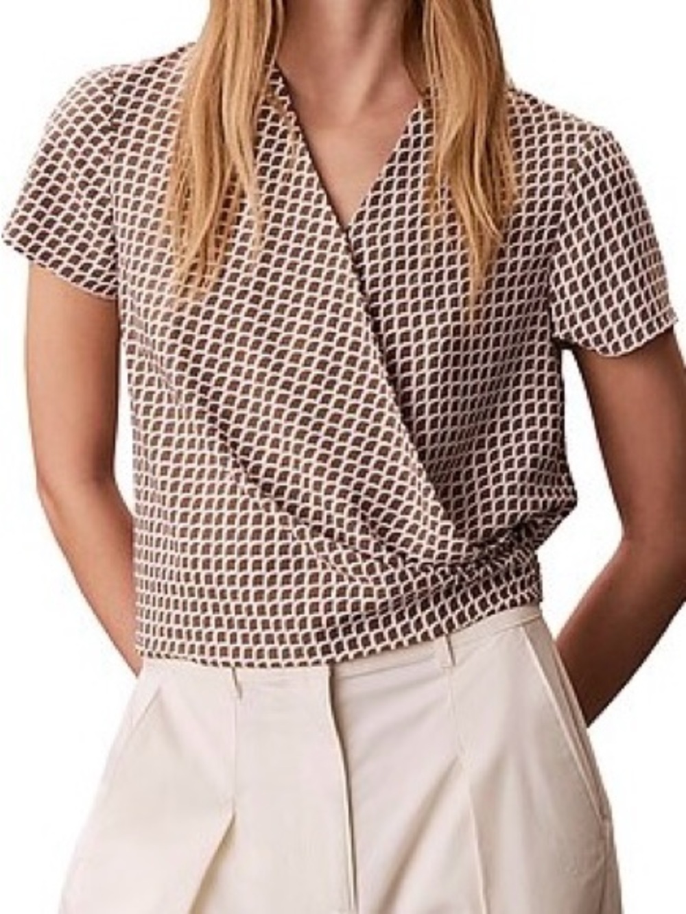 Calvin Klein Brown and Cream Geometric Wrap-Front Short Sleeve Blouse